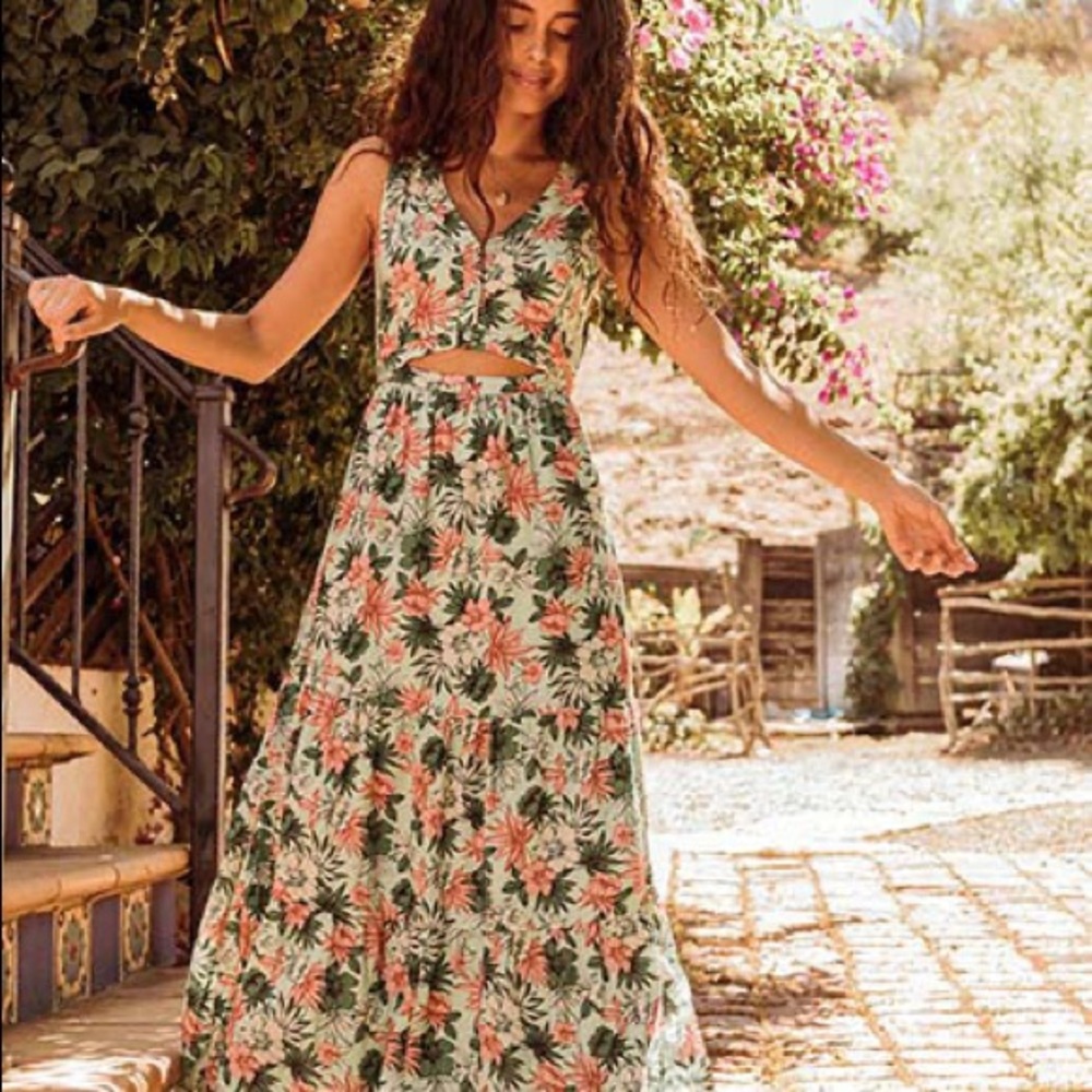 Lost + Wander Island Hopper Green Floral Maxi Dress Cut Out Size Small M